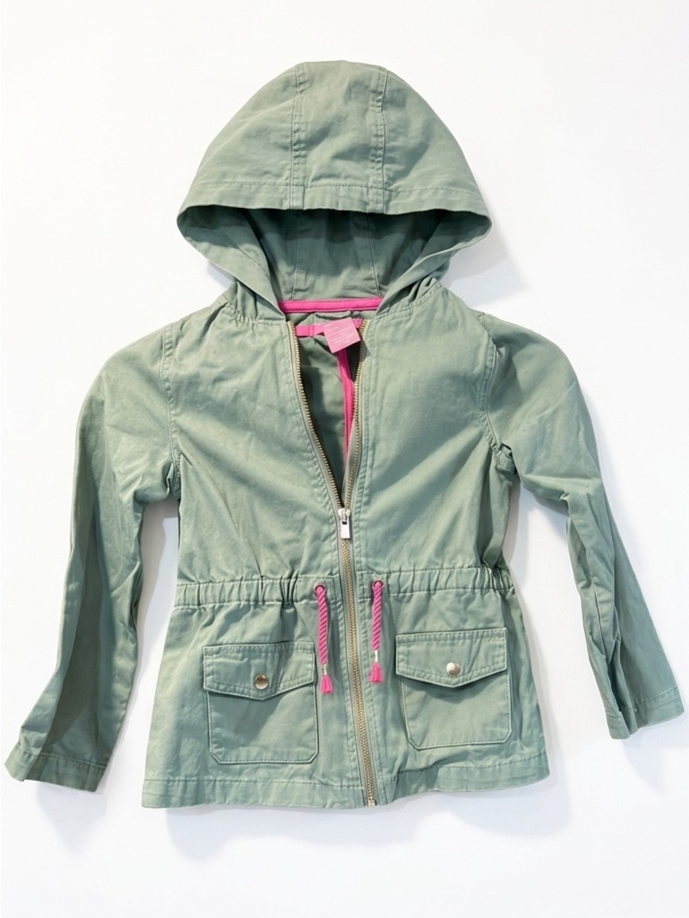 Isaac Mizrahi Girls Utility Parka Jacket Green Pink Tie Hooded Sz S 5/6 Cotton